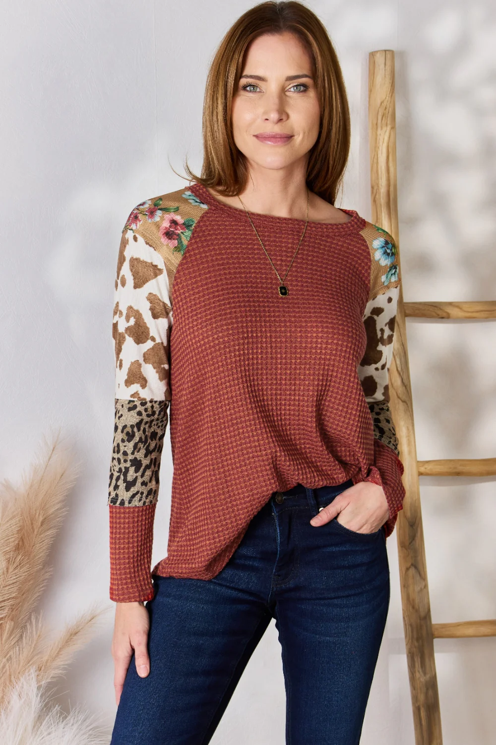Hailey & Co Full Size Leopard Waffle-Knit Blouse - Image 7