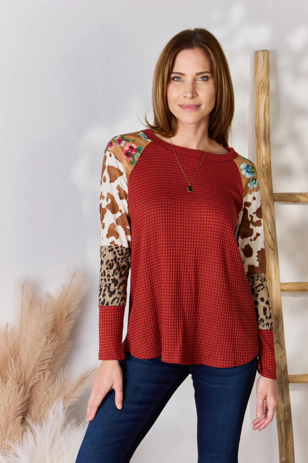 Hailey & Co Full Size Leopard Waffle-Knit Blouse - Image 8