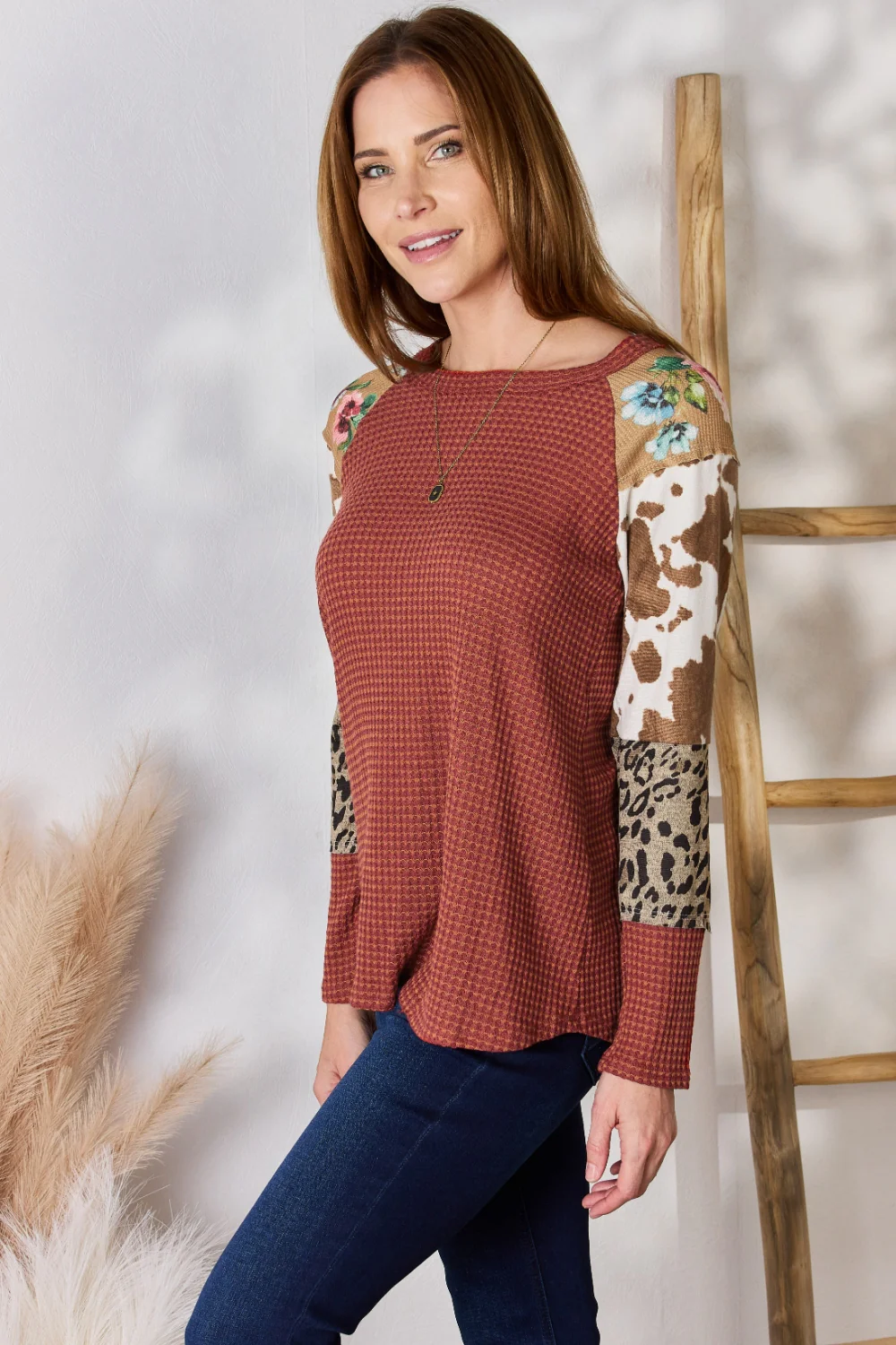 Hailey & Co Full Size Leopard Waffle-Knit Blouse - Image 9