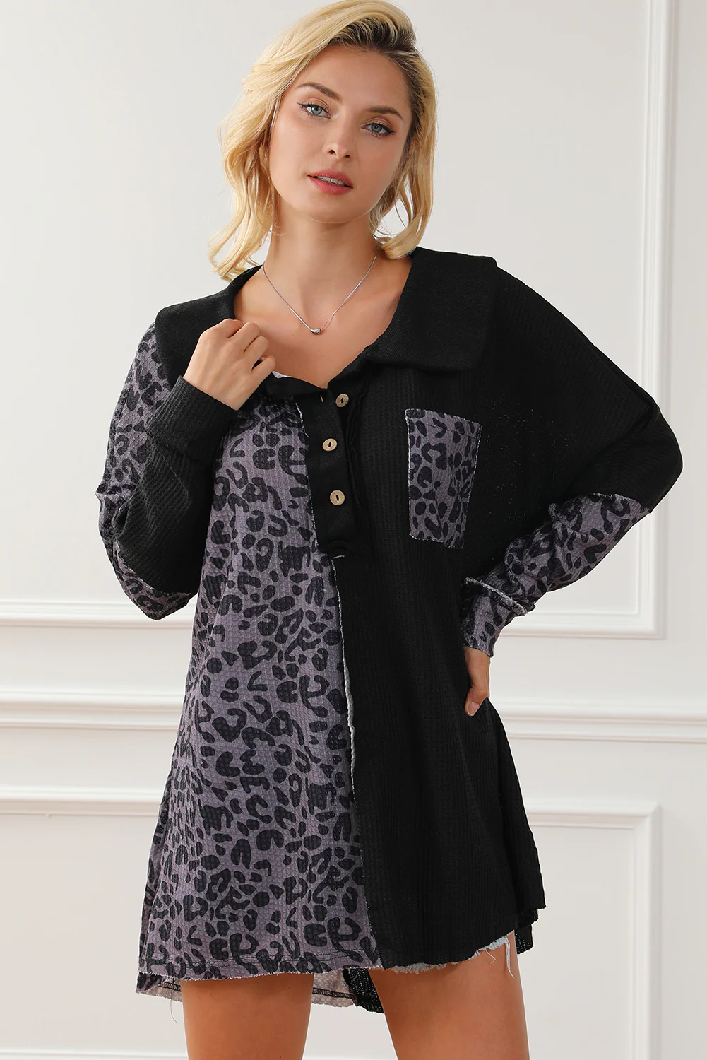 Half Button Leopard Collared Neck Blouse - Image 3