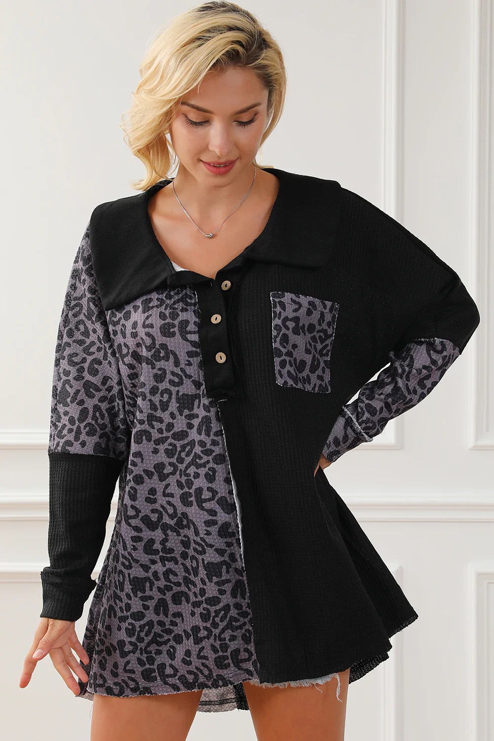 Half Button Leopard Collared Neck Blouse - Image 4