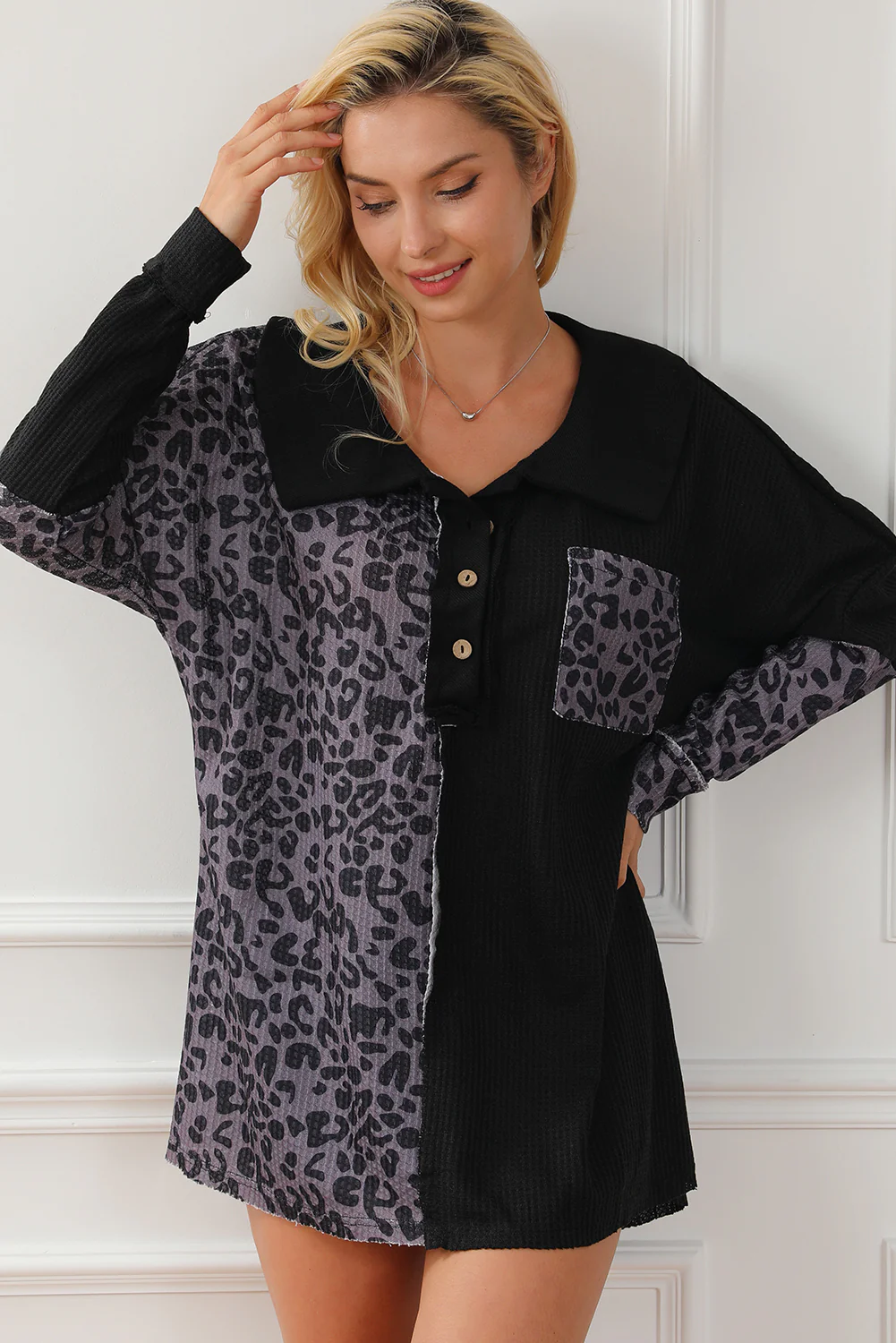 Half Button Leopard Collared Neck Blouse - Image 5
