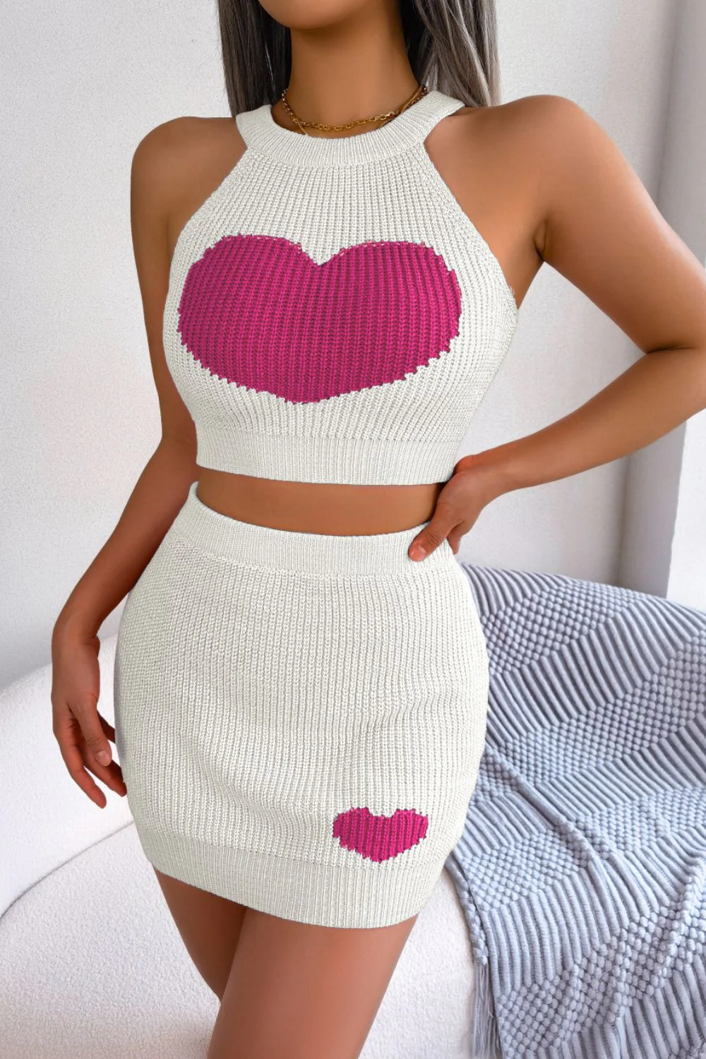 Heart Contrast Ribbed Sleeveless Knit Top and Skirt Set - Image 5