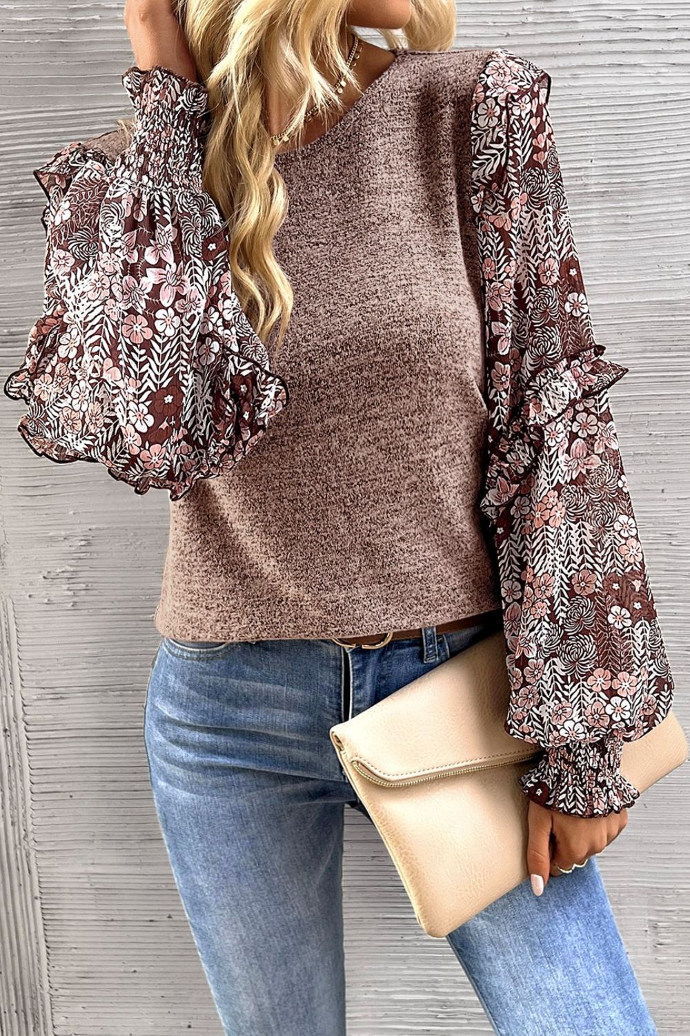 Heathered Floral Frill Lantern Sleeve Blouse - Image 6