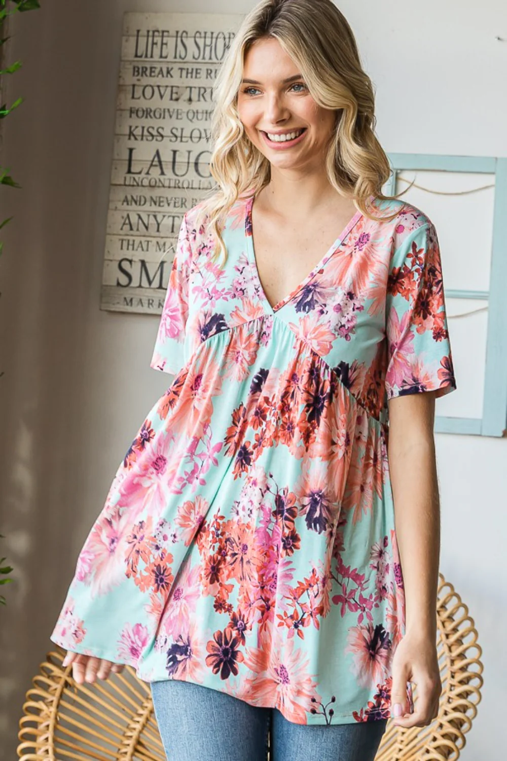 Heimish Full Size Floral V-Neck Short Sleeve Babydoll Blouse - Image 5