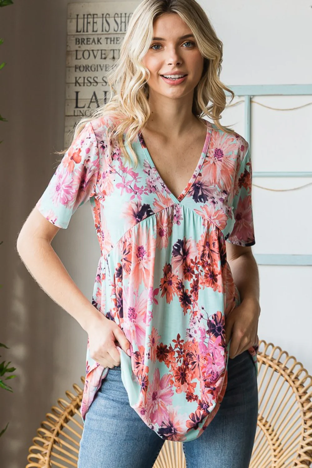 Heimish Full Size Floral V-Neck Short Sleeve Babydoll Blouse - Image 6