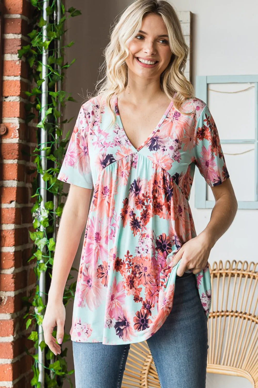 Heimish Full Size Floral V-Neck Short Sleeve Babydoll Blouse - Image 7