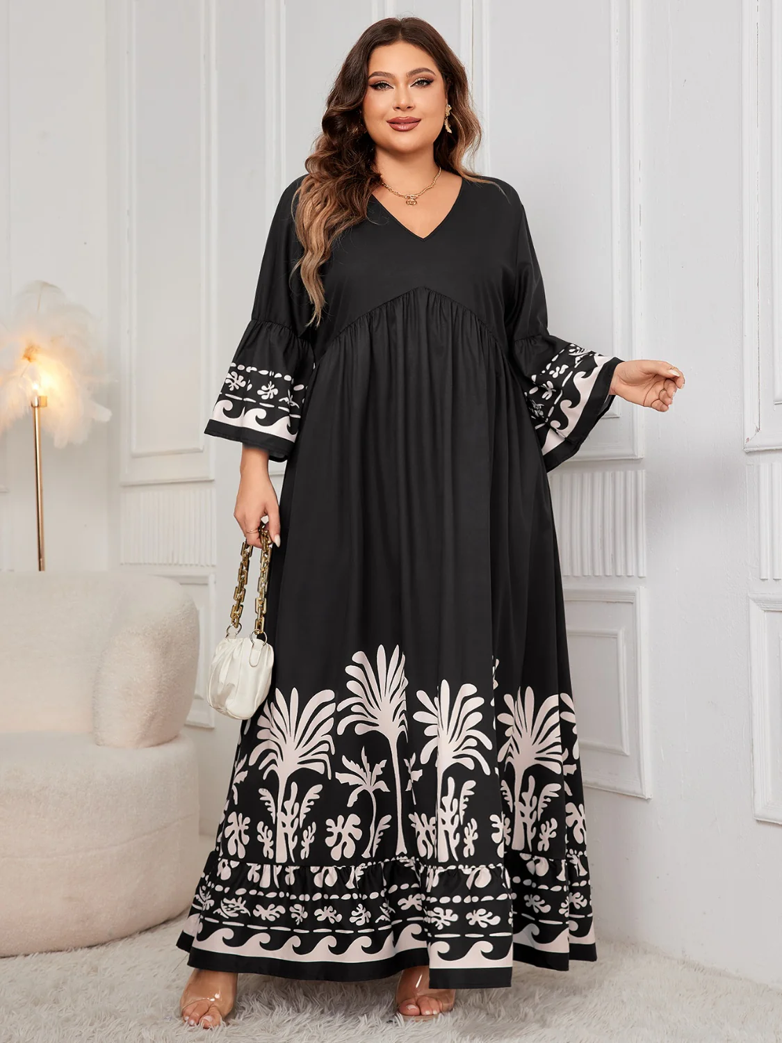 Honey Plus Size Printed V-Neck Long Sleeve Maxi Dress - Image 3