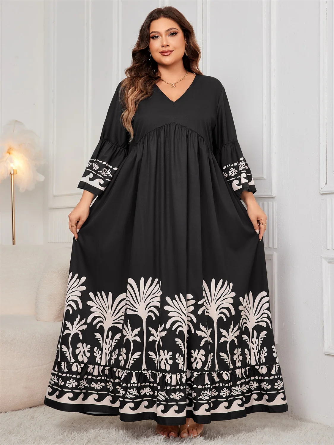 Honey Plus Size Printed V-Neck Long Sleeve Maxi Dress - Image 5