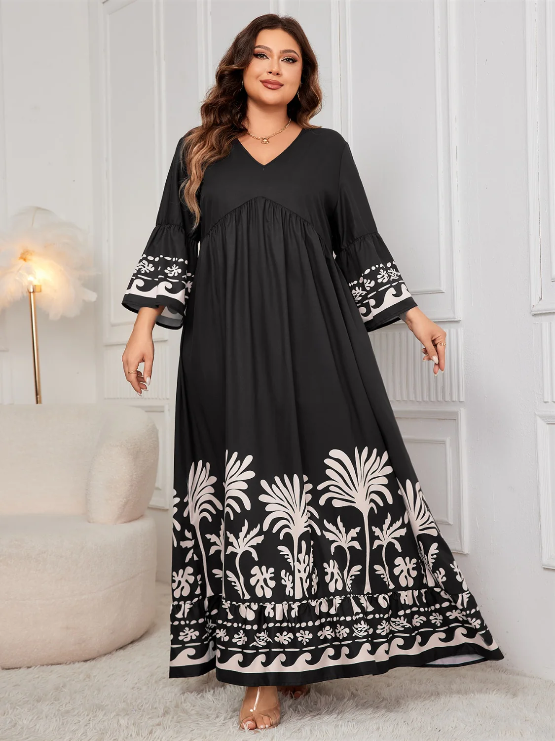 Honey Plus Size Printed V-Neck Long Sleeve Maxi Dress - Image 6