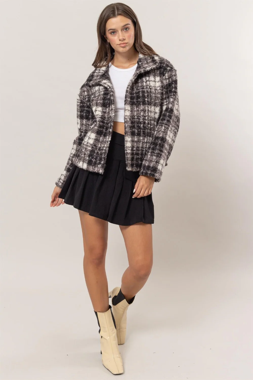 HYFVE Plaid Collared Neck Boucle Jacket with Pockets - Image 4
