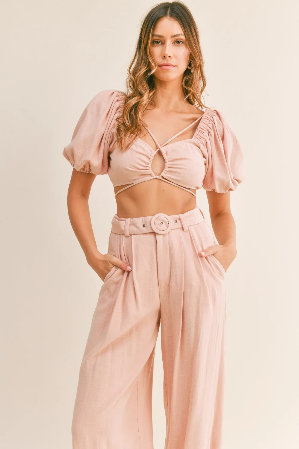 MABLE Cut Out Drawstring Crop Top and Belted Pants Set - Image 4