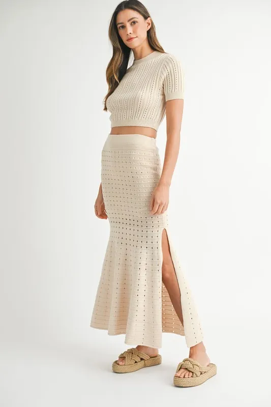 MABLE Pointelle Short Sleeve Crop Top and Slit Skirt Sweater Set - Image 3