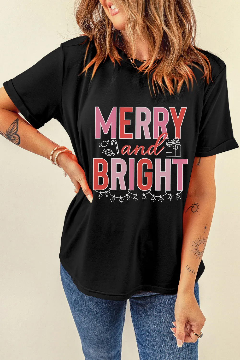 MERRY AND BRIGHT Round Neck Short Sleeve T-Shirt - Image 3