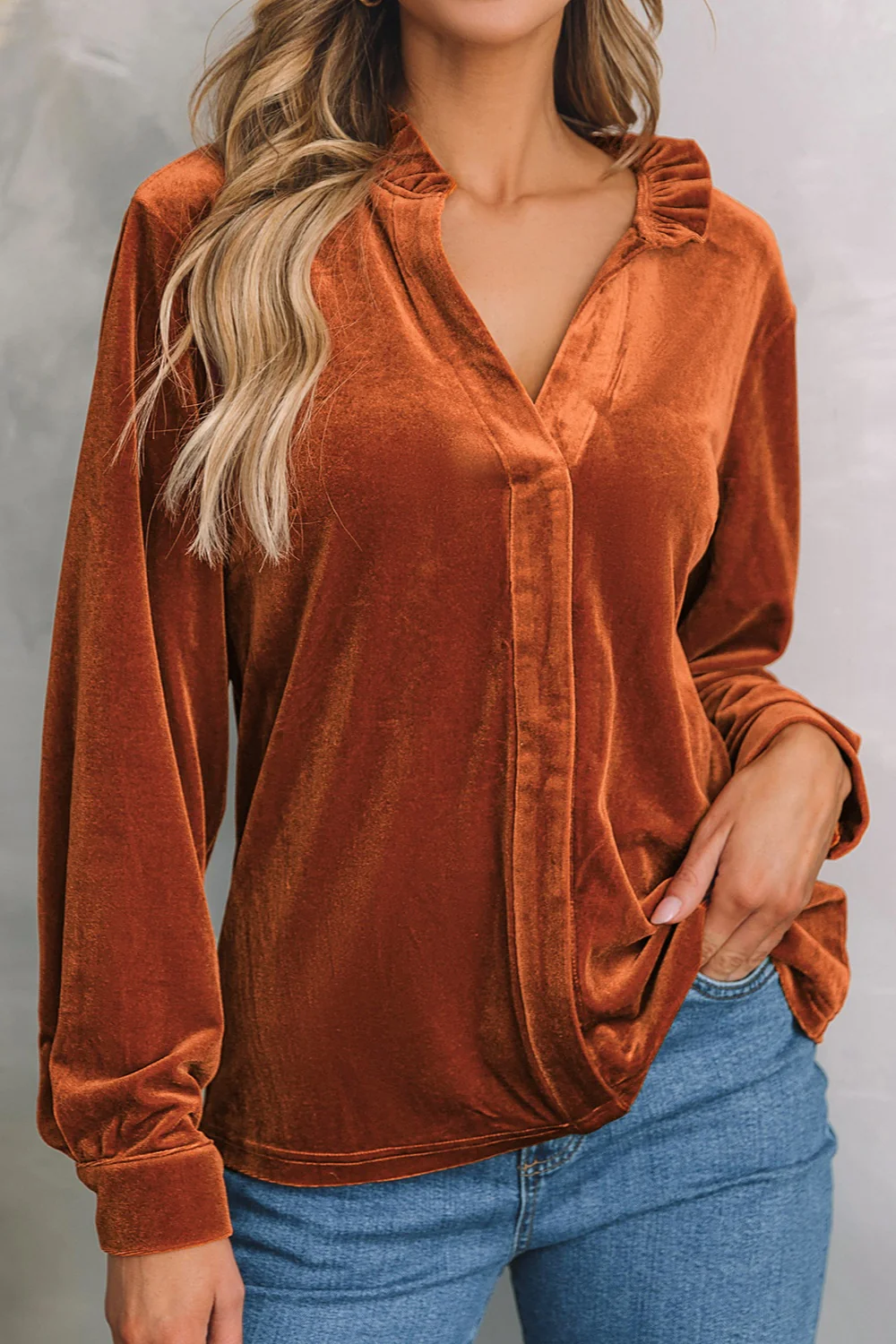 Notched Frill Detail Long Sleeve Blouse - Image 3