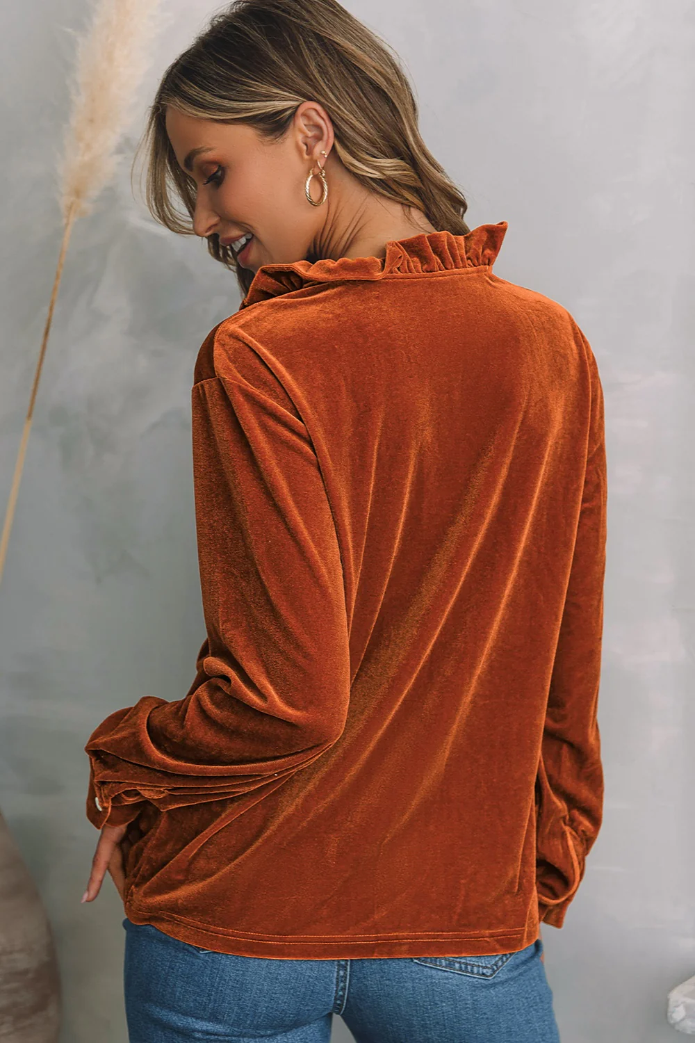 Notched Frill Detail Long Sleeve Blouse - Image 4