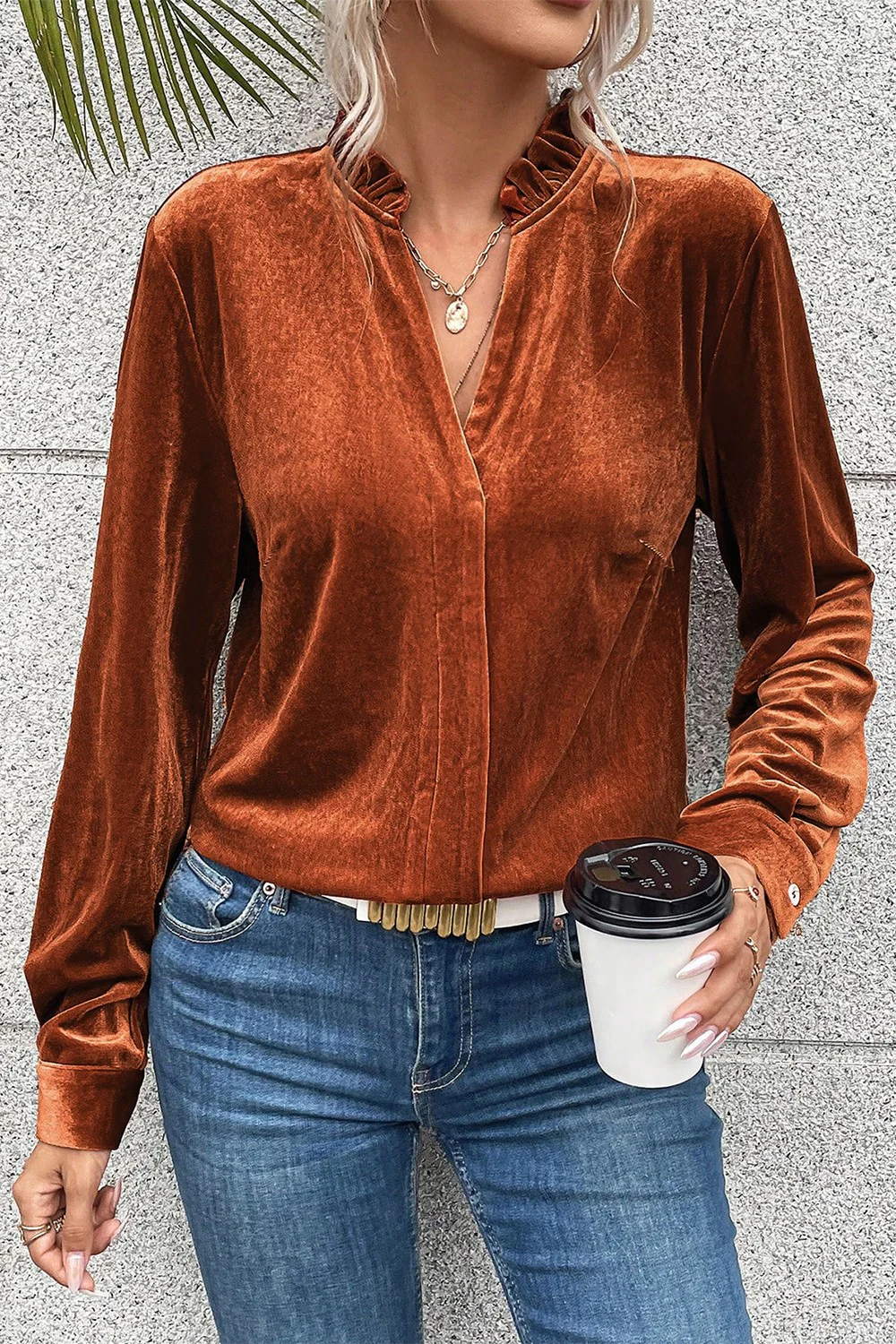 Notched Frill Detail Long Sleeve Blouse - Image 5