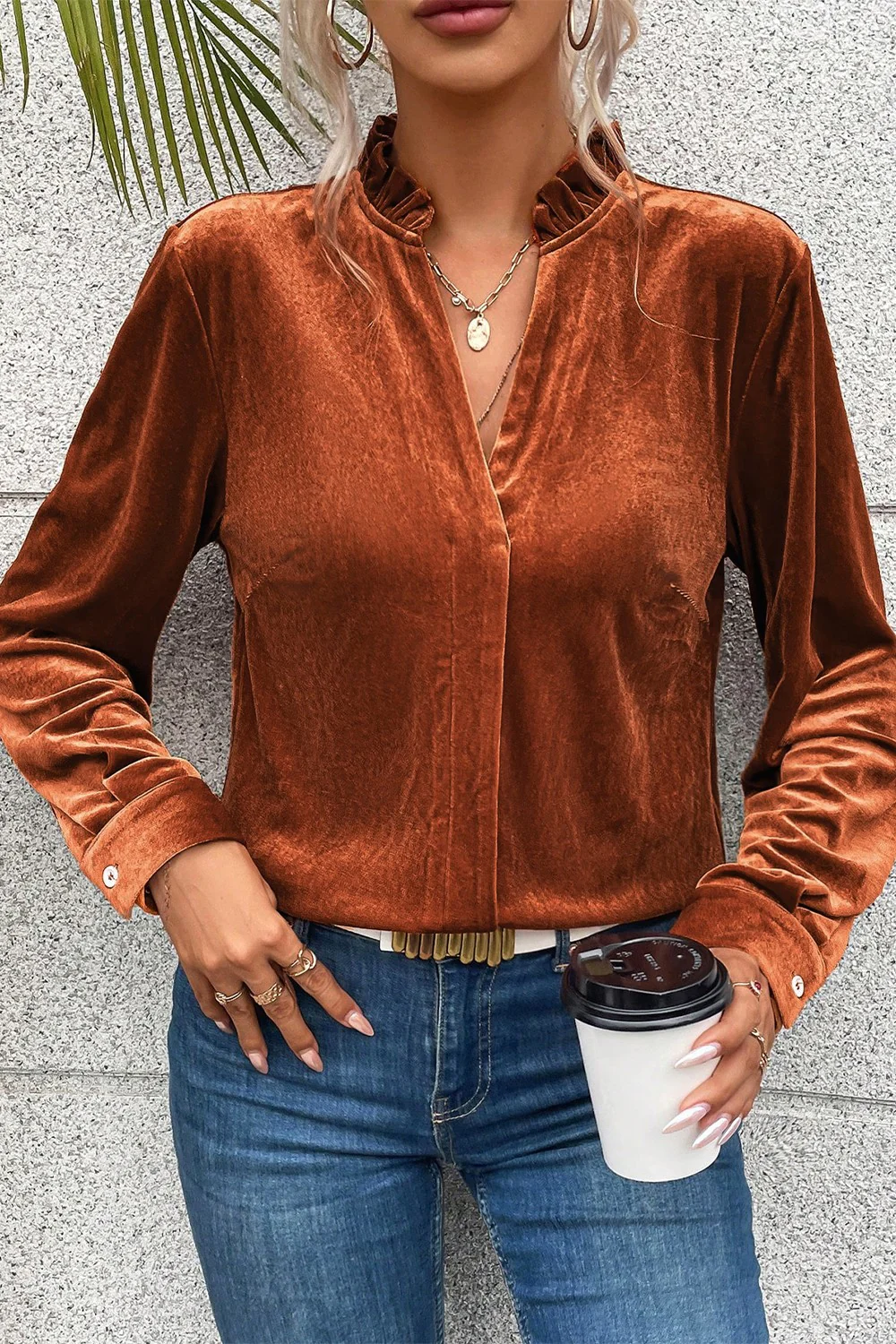 Notched Frill Detail Long Sleeve Blouse - Image 8