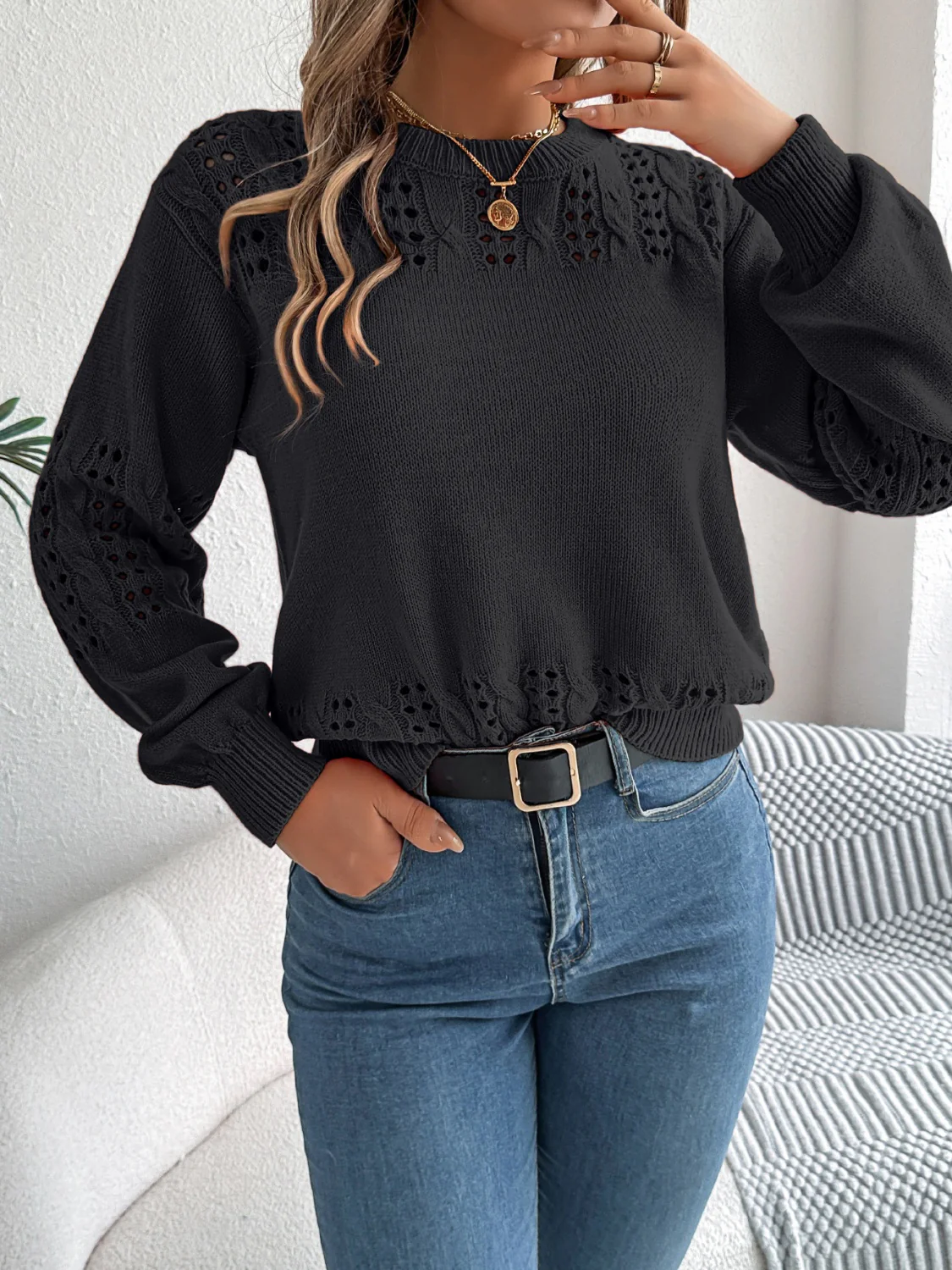Openwork Round Neck Long Sleeve Sweater - Image 10