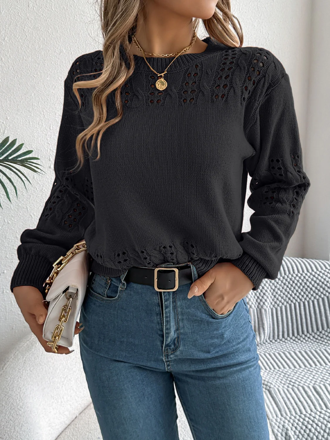 Openwork Round Neck Long Sleeve Sweater - Image 11
