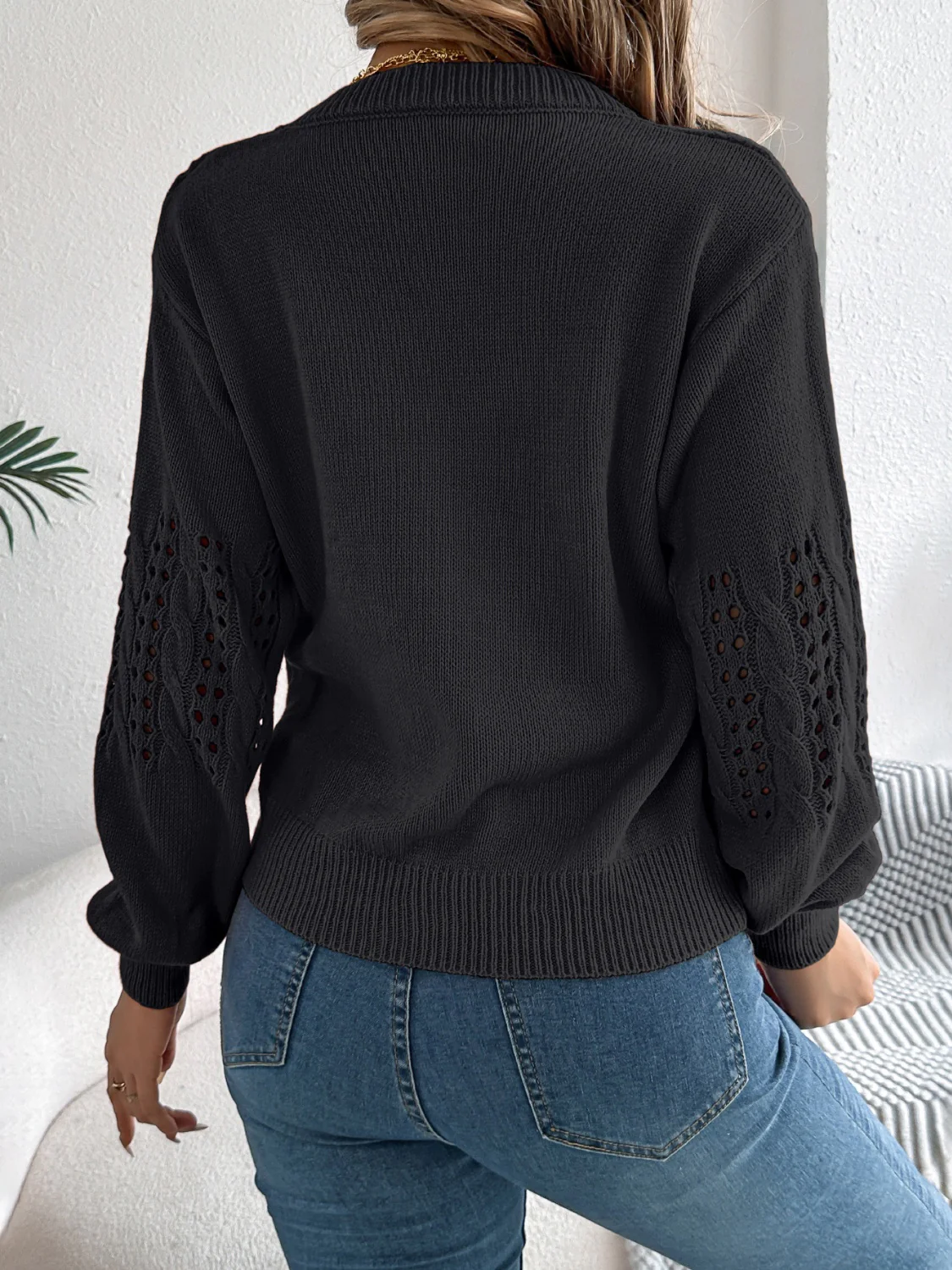 Openwork Round Neck Long Sleeve Sweater - Image 12