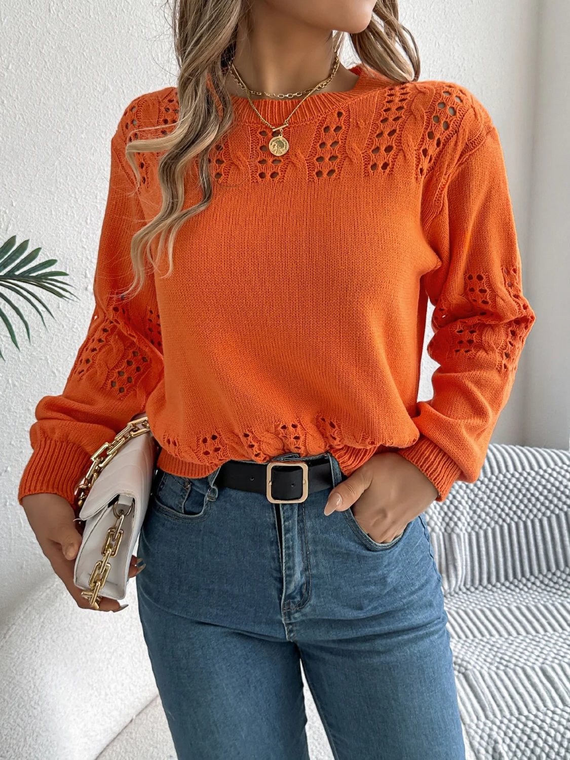 Openwork Round Neck Long Sleeve Sweater - Image 13
