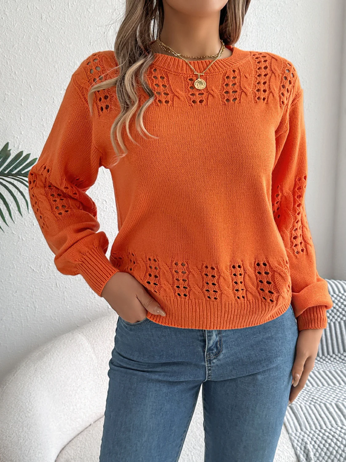Openwork Round Neck Long Sleeve Sweater - Image 14