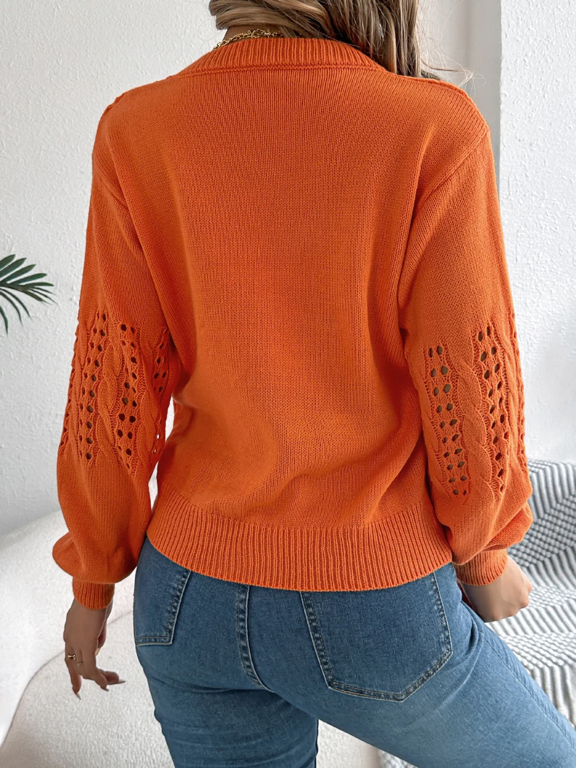 Openwork Round Neck Long Sleeve Sweater - Image 15