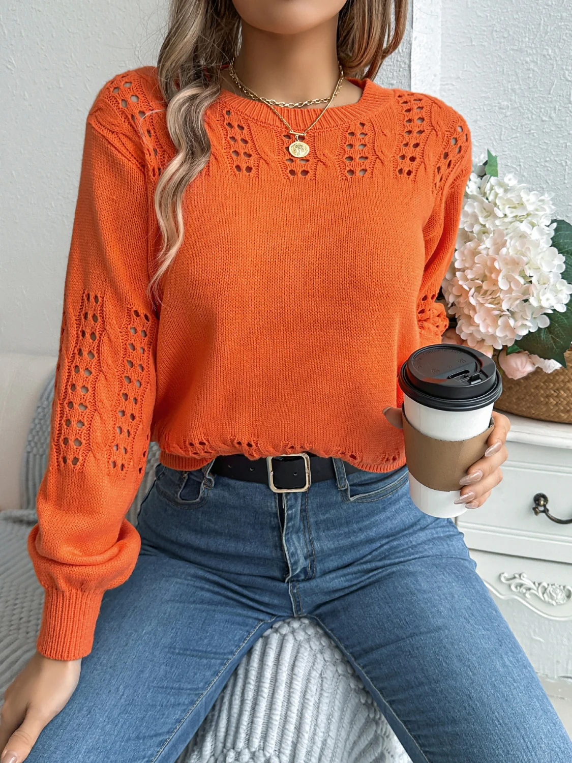 Openwork Round Neck Long Sleeve Sweater - Image 17