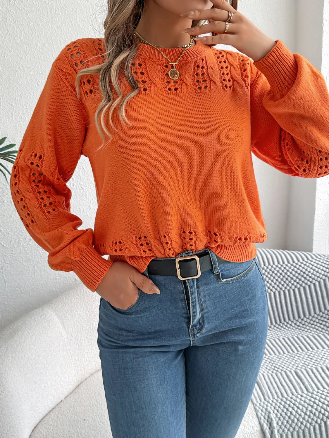 Openwork Round Neck Long Sleeve Sweater - Image 18