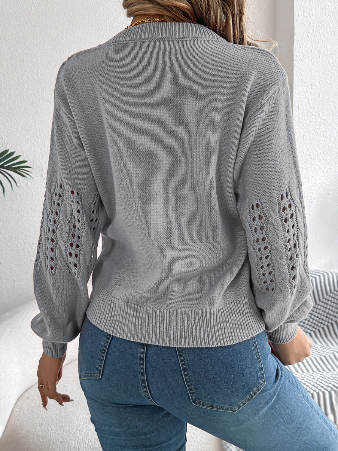 Openwork Round Neck Long Sleeve Sweater - Image 4