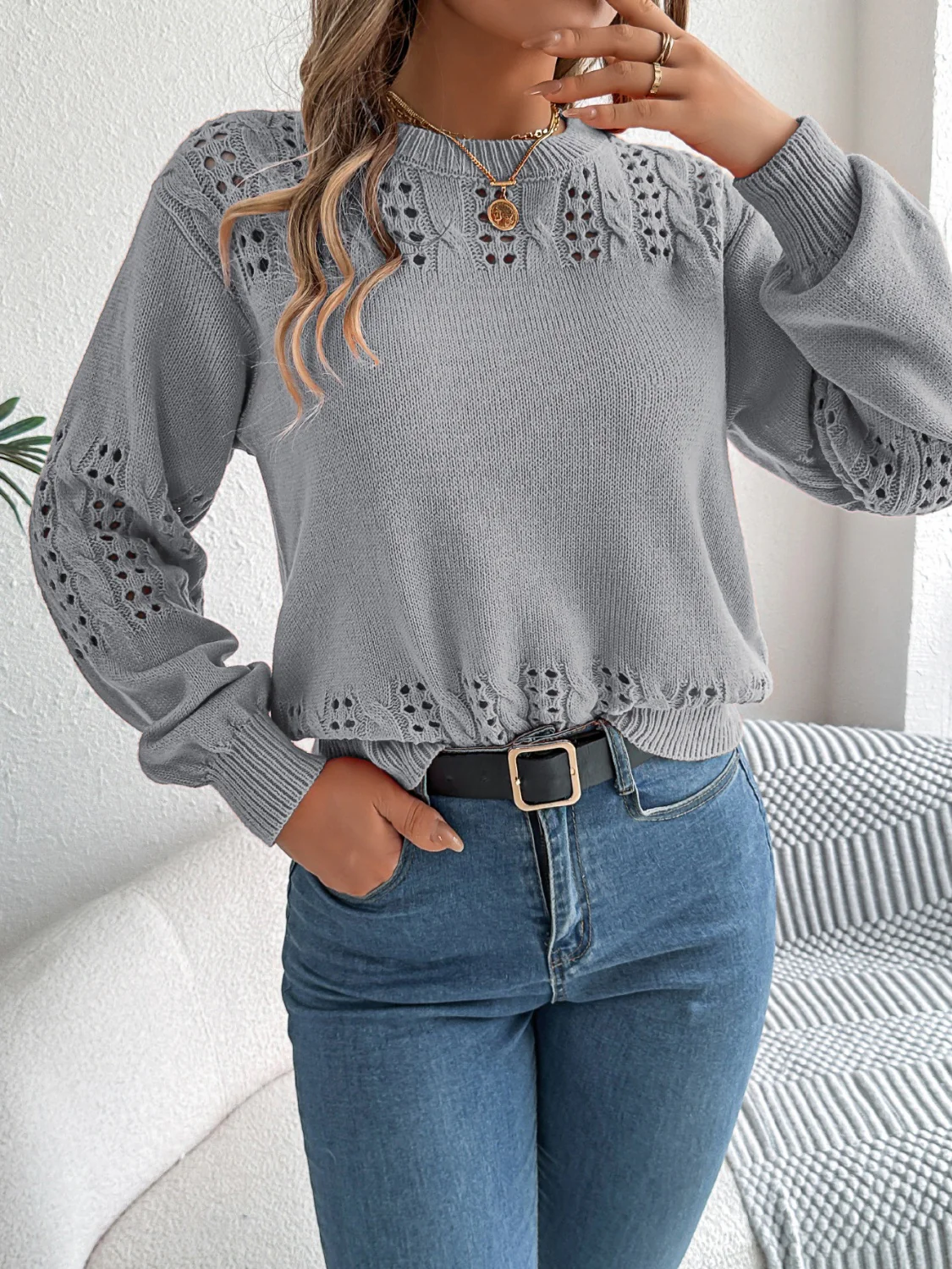 Openwork Round Neck Long Sleeve Sweater - Image 6