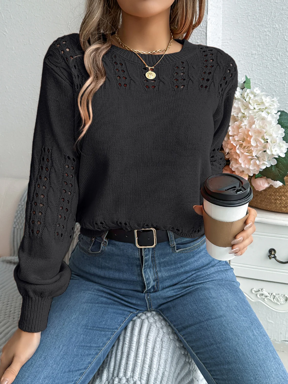 Openwork Round Neck Long Sleeve Sweater - Image 7