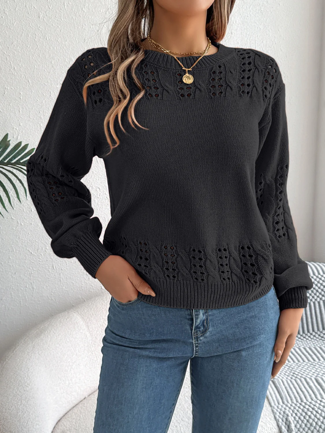 Openwork Round Neck Long Sleeve Sweater - Image 8