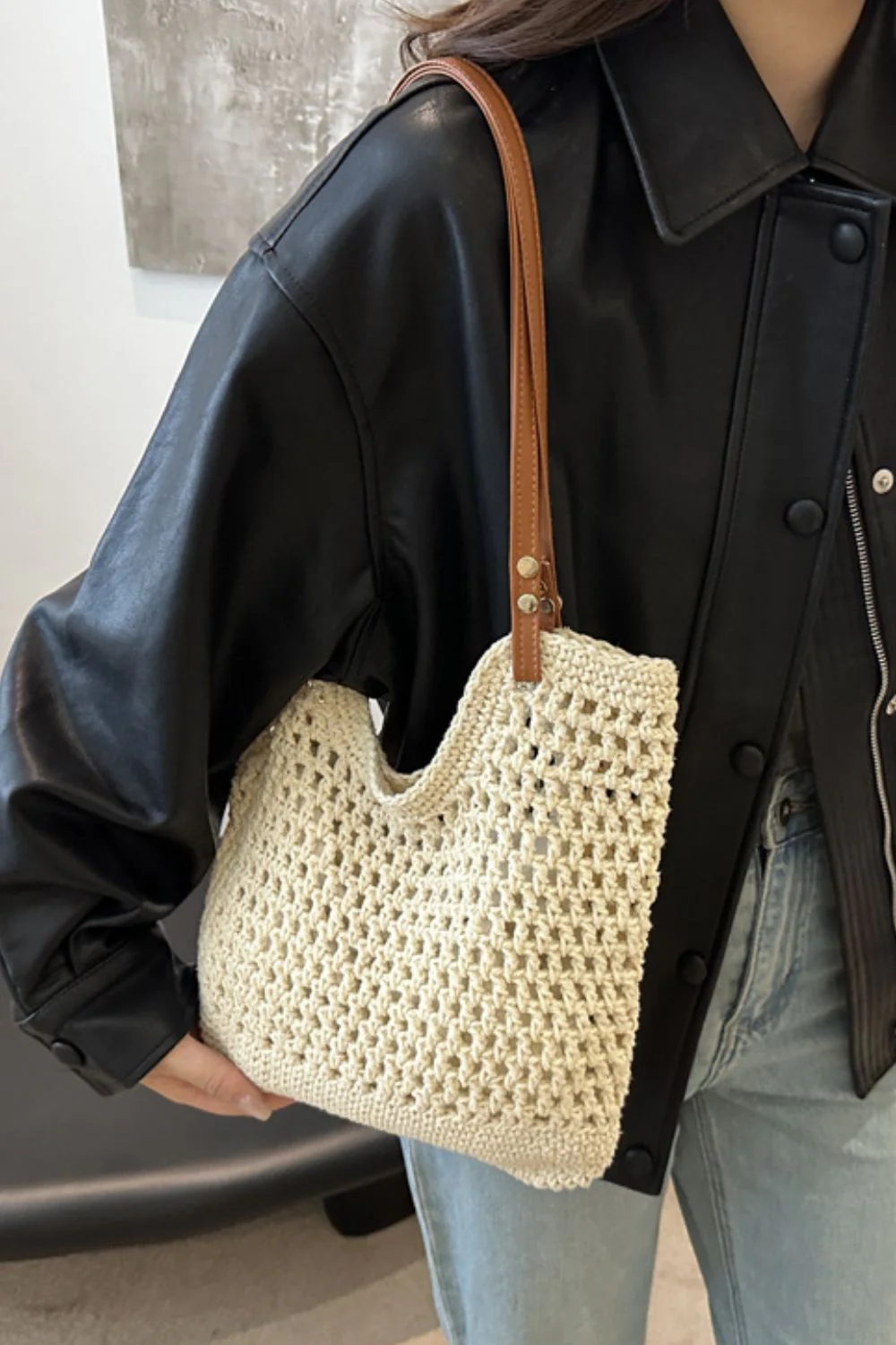 Openwork Woven Tote Bag - Image 7
