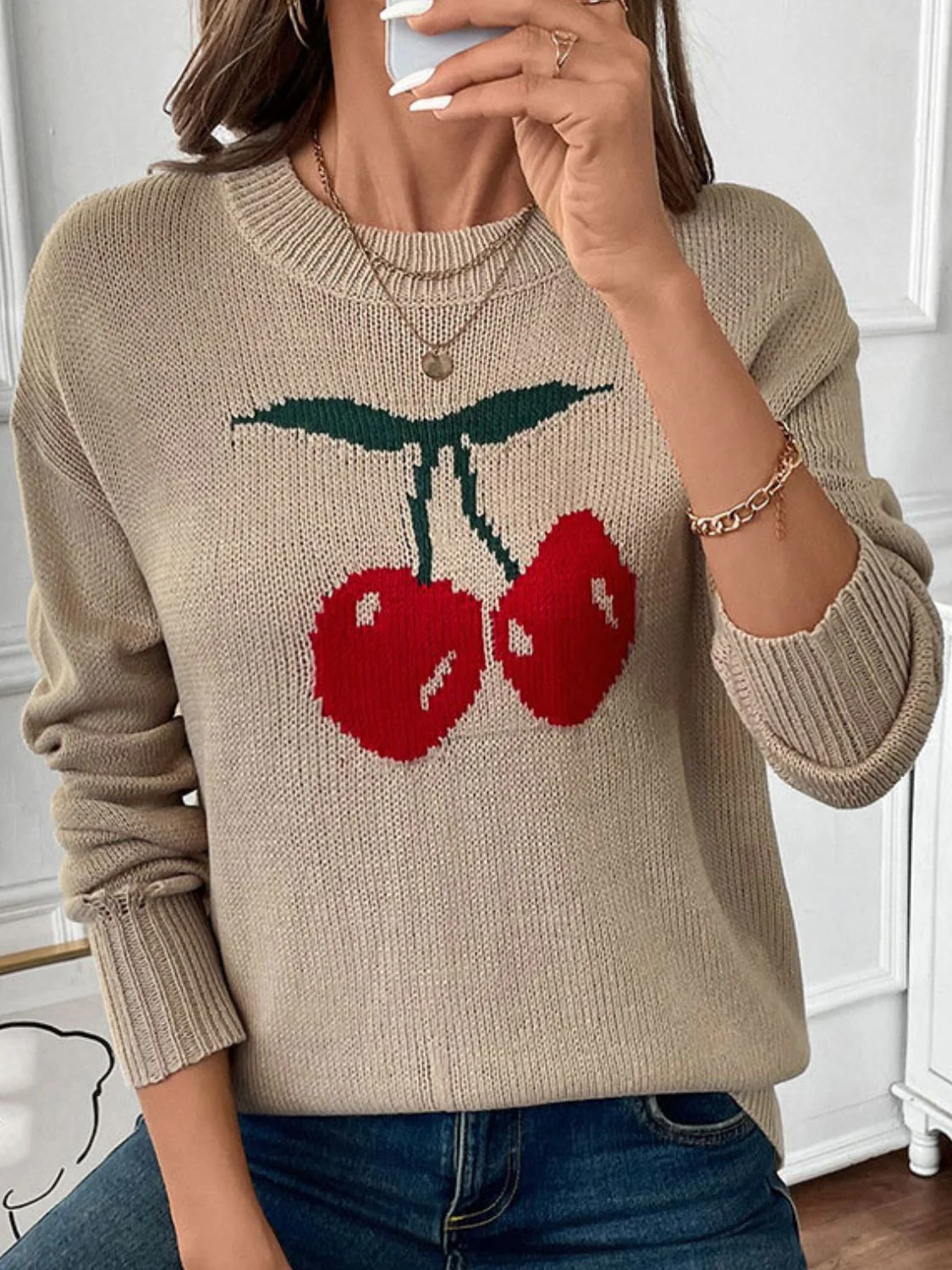 Perfee Cherry Round Neck Long Sleeve Sweater - Image 3
