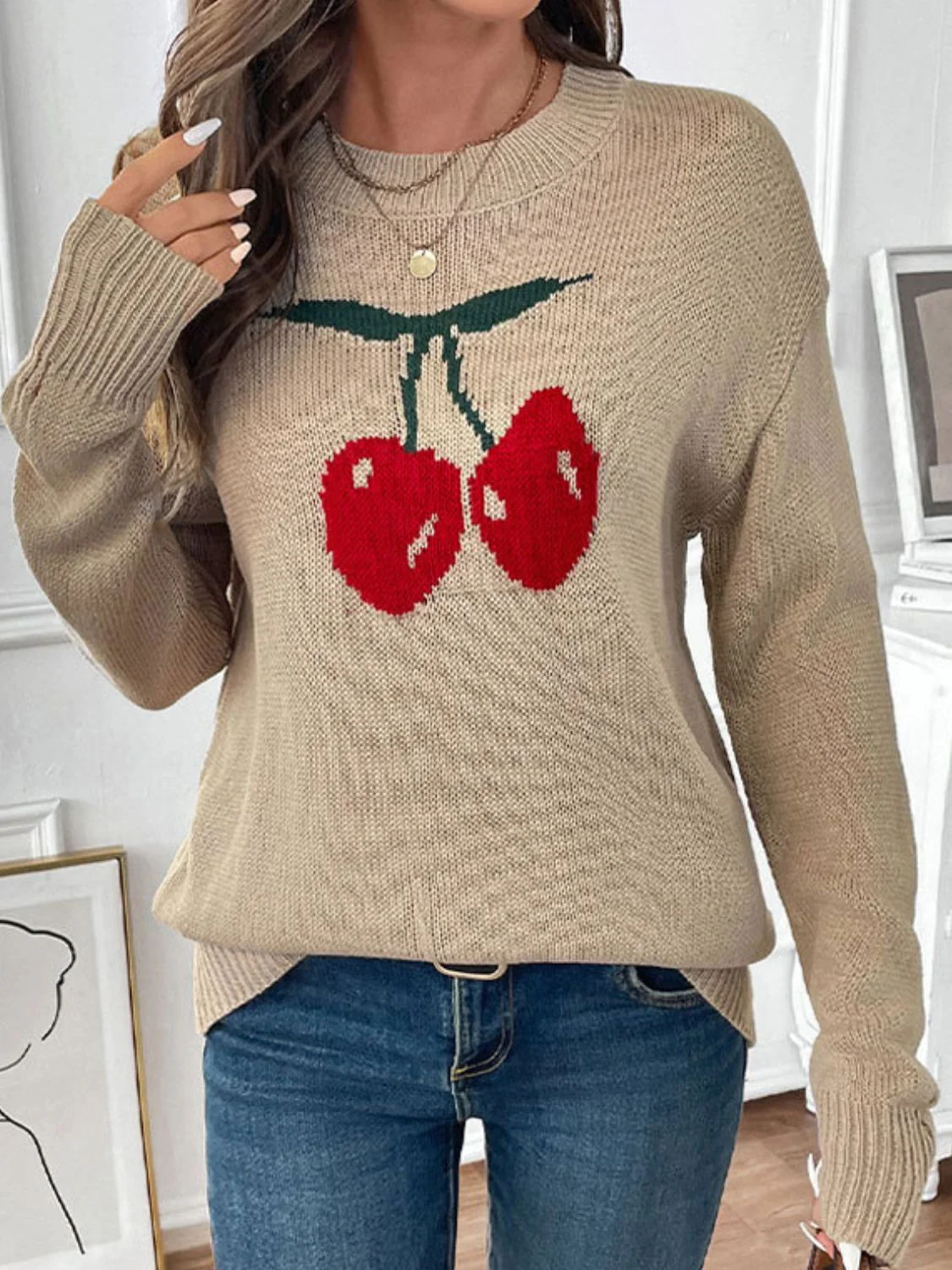 Perfee Cherry Round Neck Long Sleeve Sweater - Image 4
