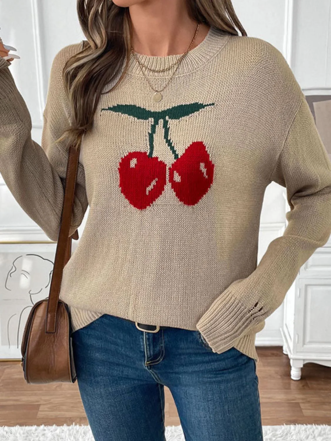 Perfee Cherry Round Neck Long Sleeve Sweater - Image 6