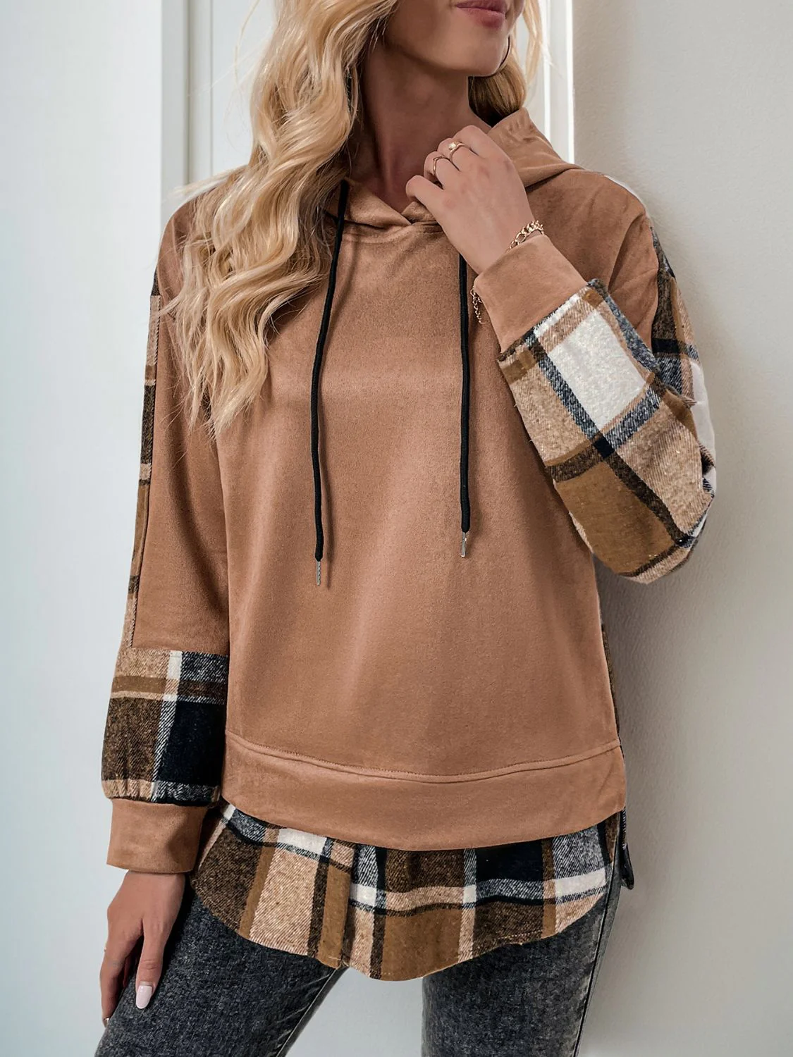 Perfee Drawstring Slit Plaid Long Sleeve Hoodie - Image 3