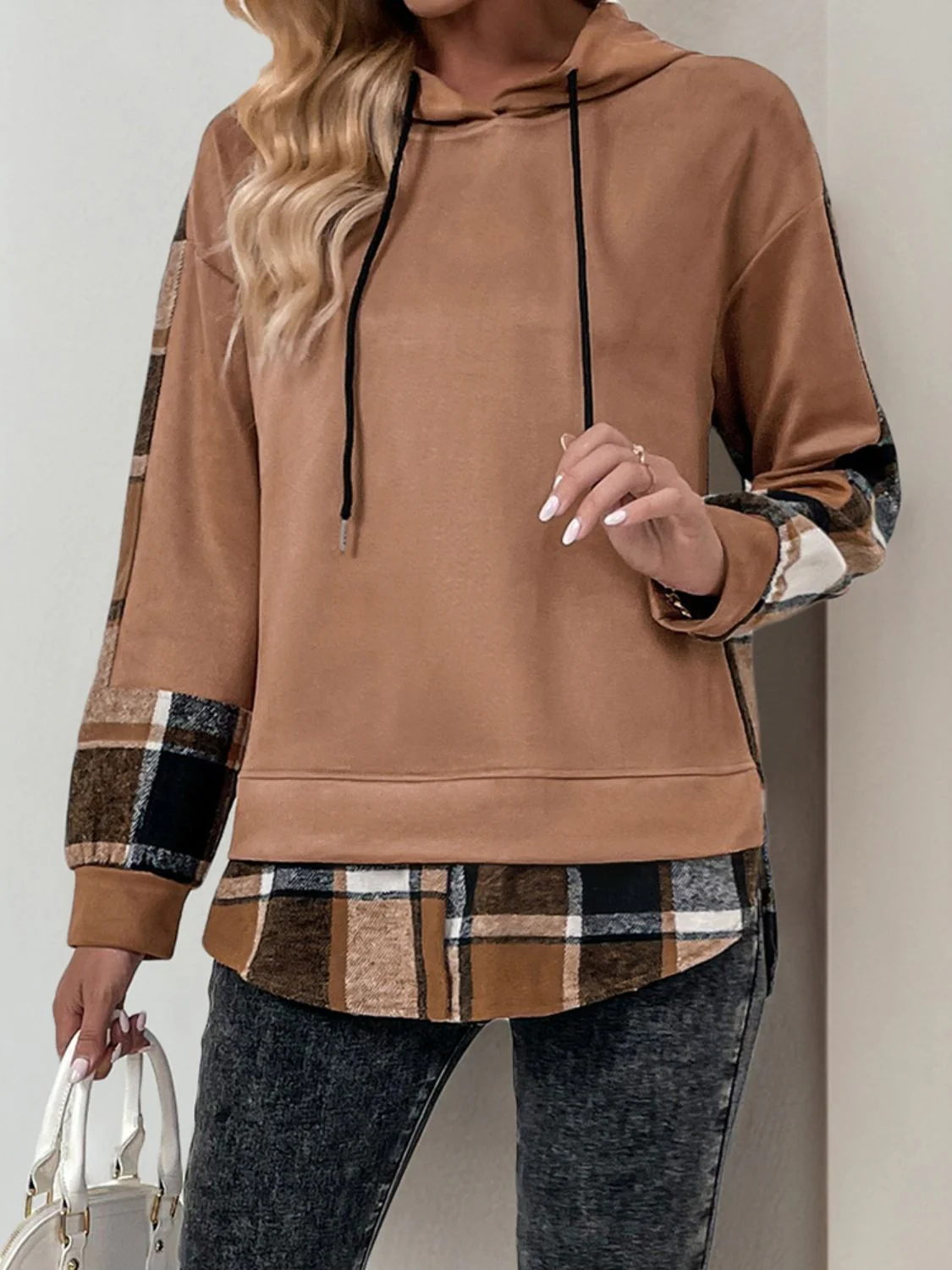 Perfee Drawstring Slit Plaid Long Sleeve Hoodie - Image 5