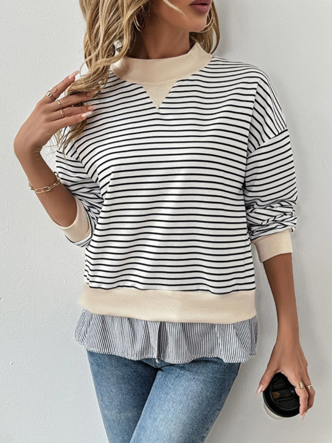 Perfee Faux Layered Striped Long Sleeve Sweatshirt - Image 3