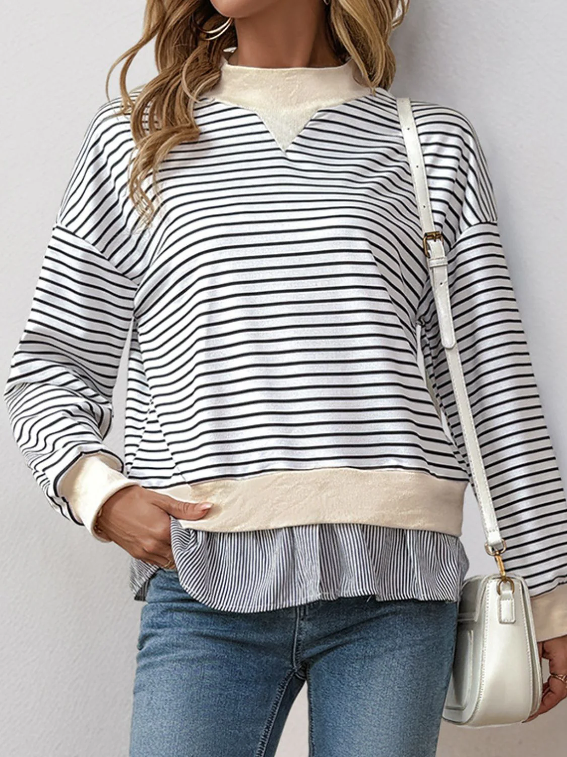 Perfee Faux Layered Striped Long Sleeve Sweatshirt - Image 4