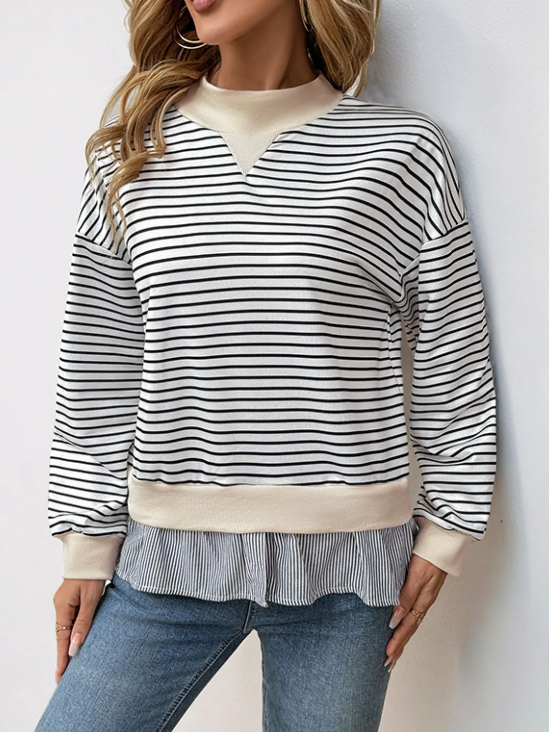 Perfee Faux Layered Striped Long Sleeve Sweatshirt - Image 5