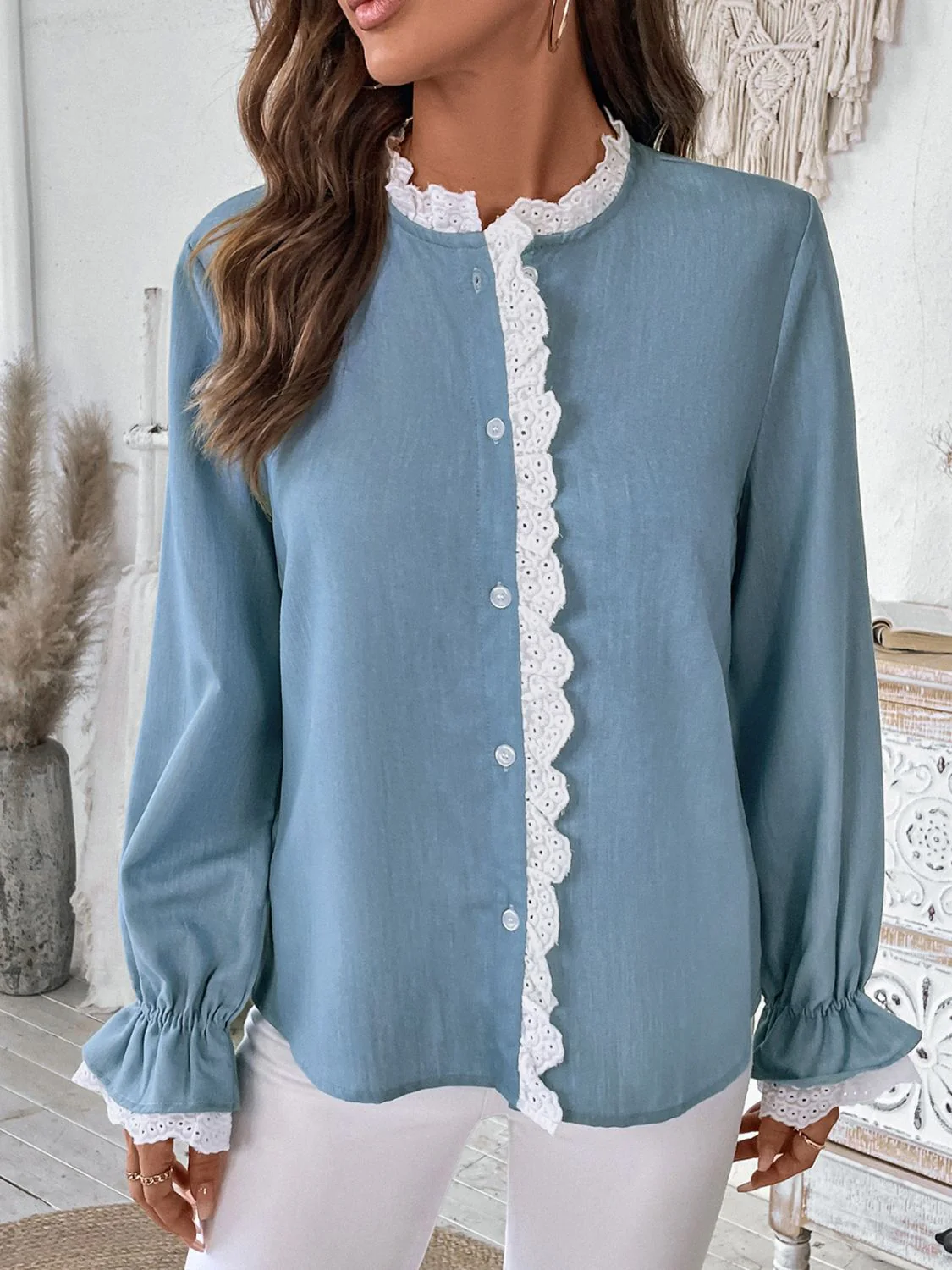 Perfee Lace Detail Button Down Long Sleeve Shirt - Image 3