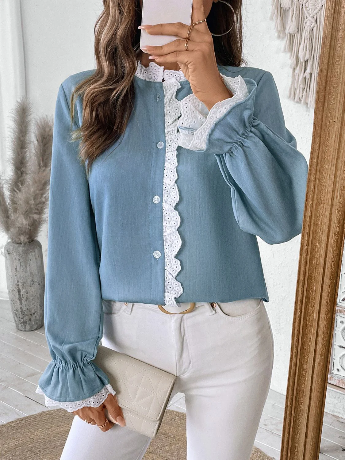 Perfee Lace Detail Button Down Long Sleeve Shirt - Image 5