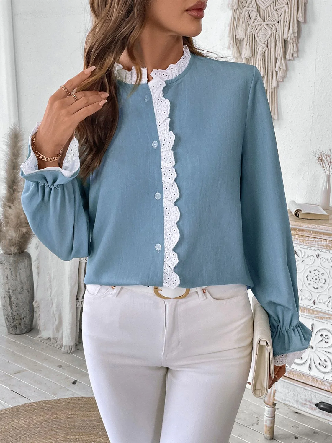Perfee Lace Detail Button Down Long Sleeve Shirt - Image 6