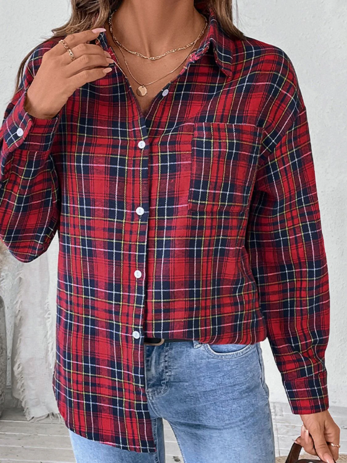 Perfee Plaid Button Up Long Sleeve Shirt - Image 3