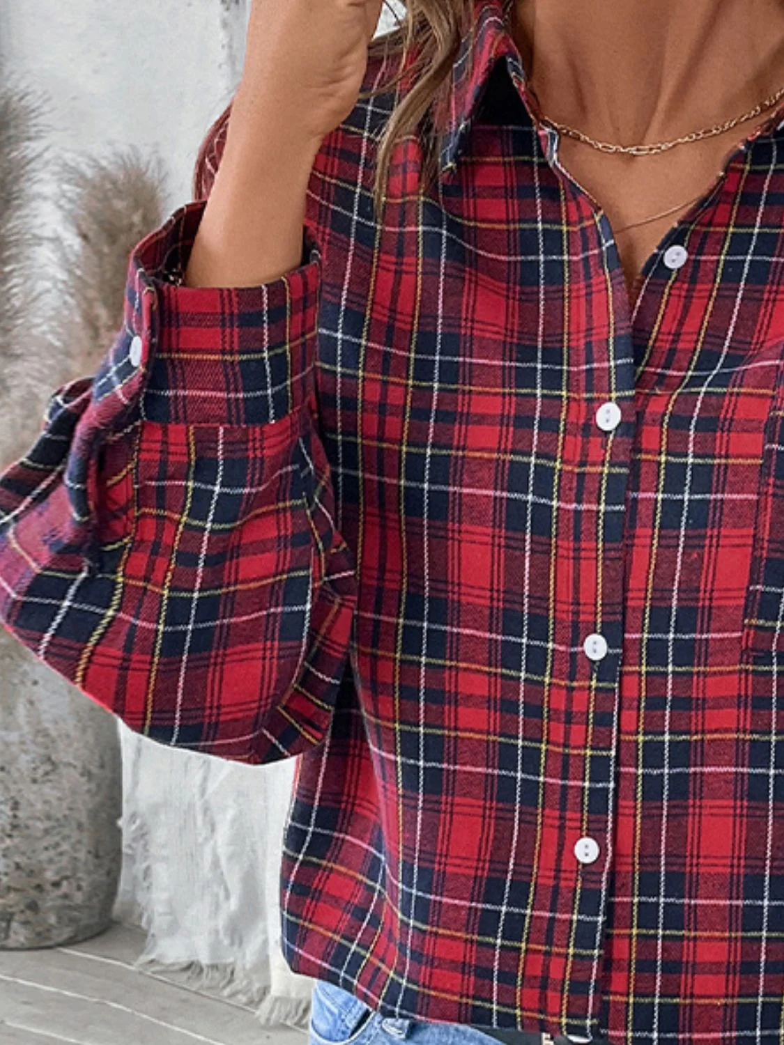 Perfee Plaid Button Up Long Sleeve Shirt - Image 5
