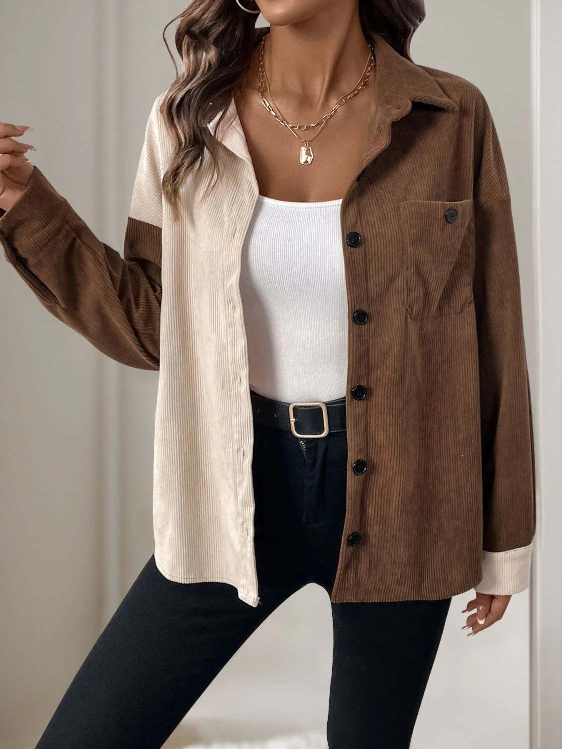 Perfee Pocketed Contrast Collared Neck Long Sleeve Shirt - Image 3