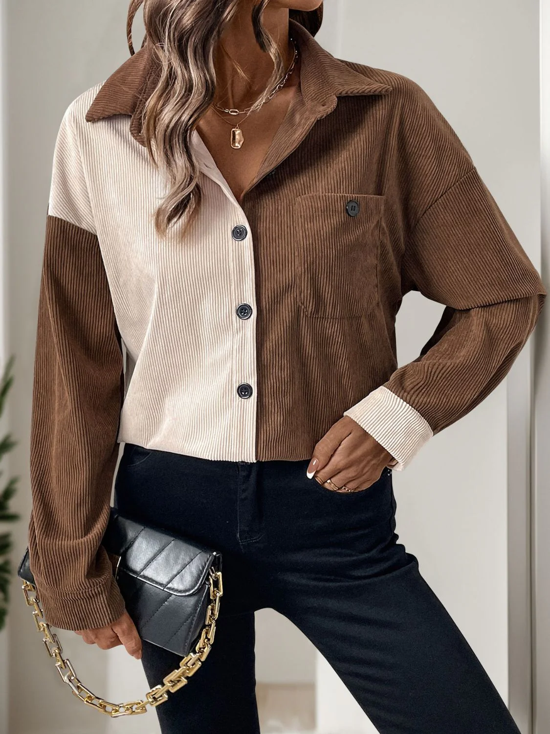 Perfee Pocketed Contrast Collared Neck Long Sleeve Shirt - Image 4